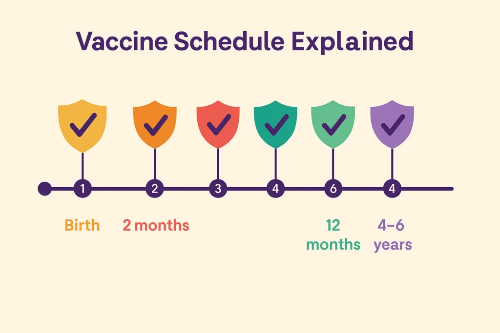 Childhood vaccination schedule illustrated for parents.