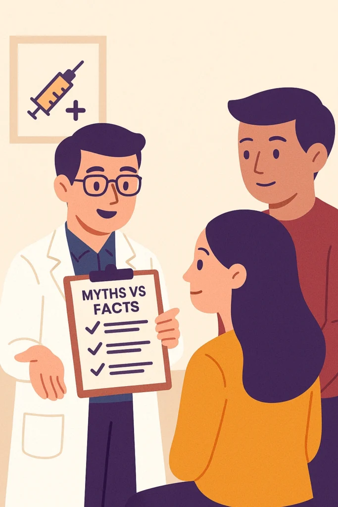 Doctor explaining vaccine myths and facts to parents.