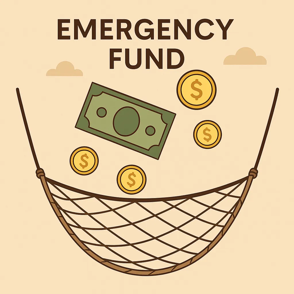 Illustration of emergency fund as a financial safety net catching coins and bills