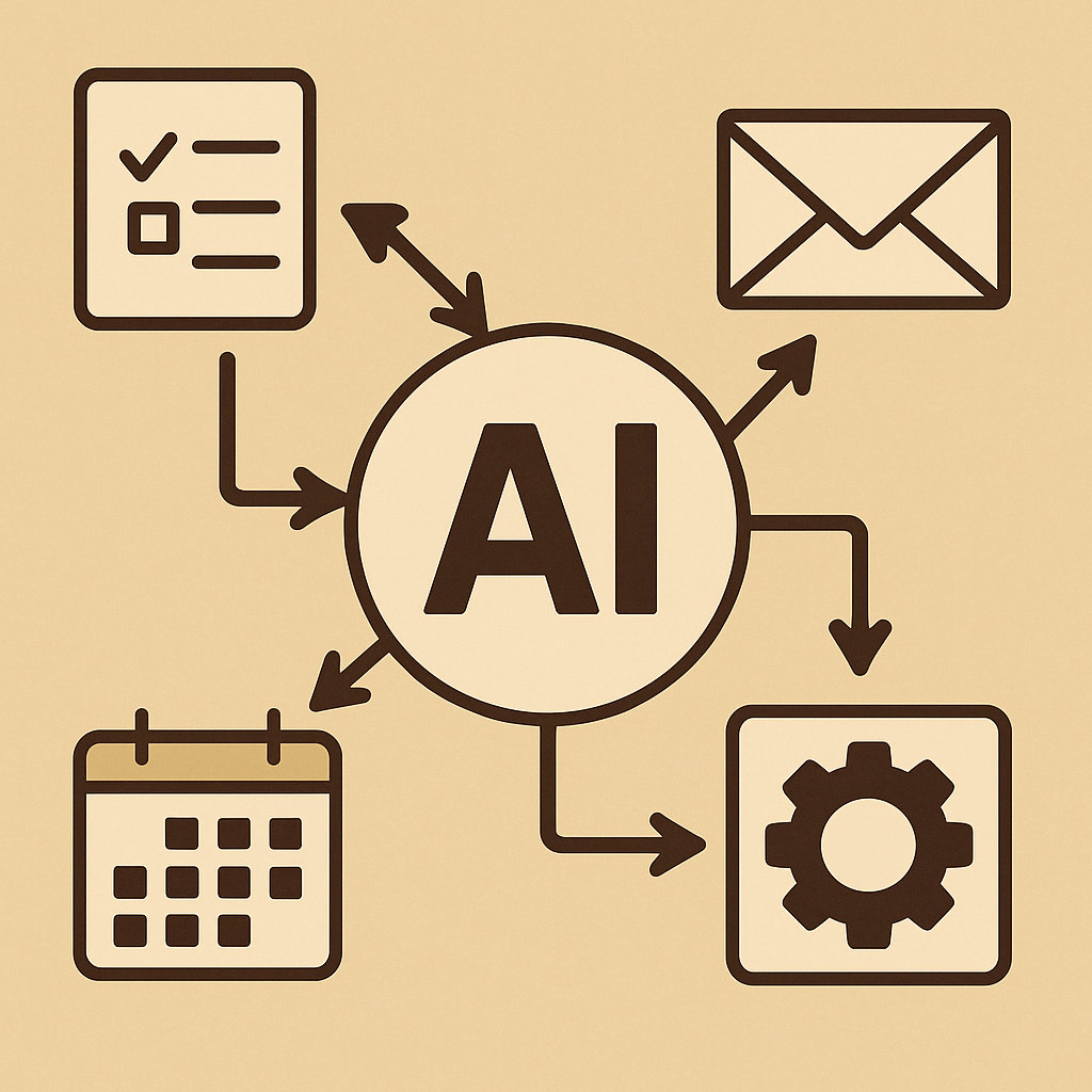 Central AI hub connecting multiple productivity apps with automation arrows.