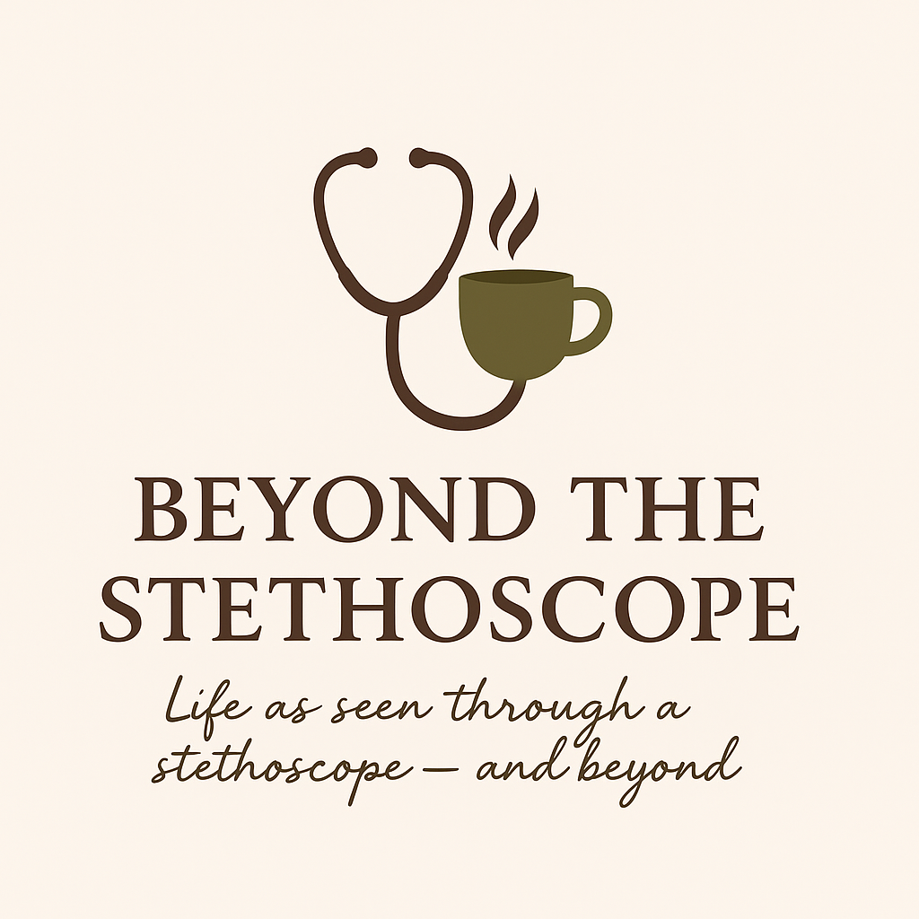 alt="Beyond the Stethoscope banner combining stethoscope and coffee cup for doctor lifestyle blog"