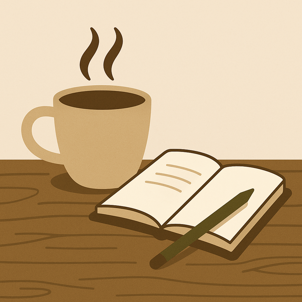 alt="Cup of coffee and open notebook symbolizing doctor lifestyle blog writing and reflection"