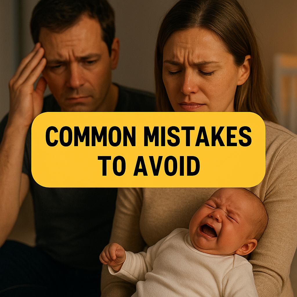 Parents stressed while caring for crying baby, representing common mistakes to avoid in sleep training.