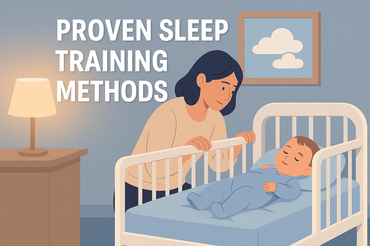 Illustration of parent gently practicing sleep training with baby in crib.