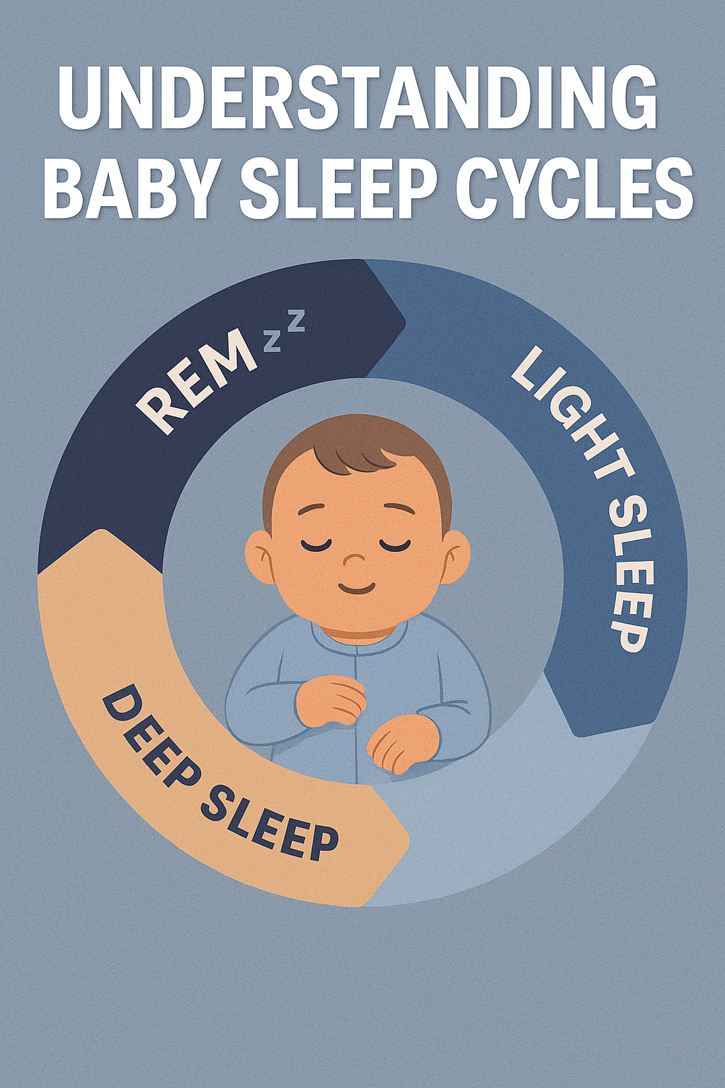 Illustration showing baby sleep cycles with REM, light sleep, and deep sleep stages.