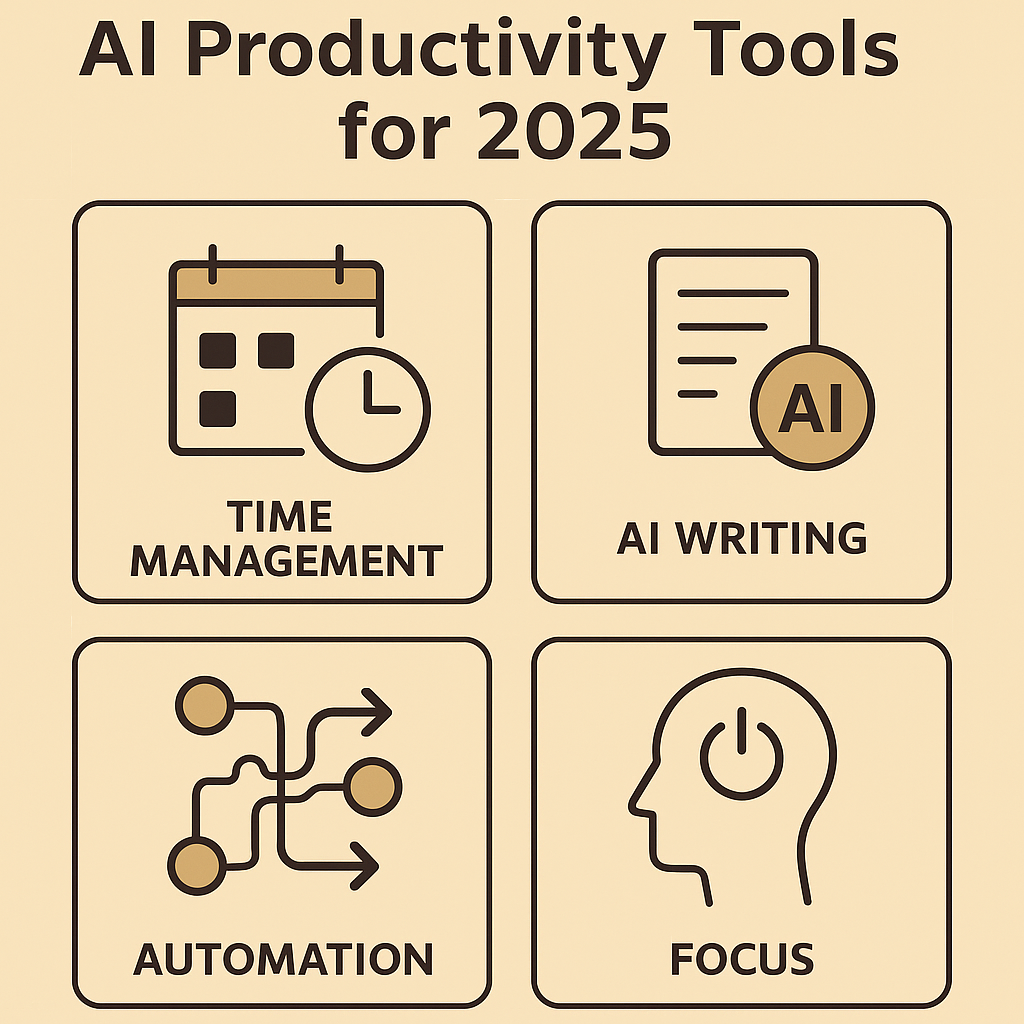 AI tools for productivity in 2025 showing icons of automation, scheduling, and communication in beige and coffee tones.