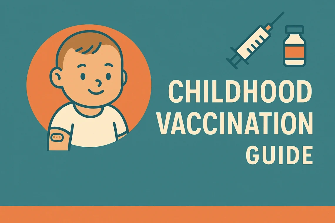Illustrated childhood vaccination guide showing a smiling baby with a bandage on the arm, syringe and vaccine vial icons, in warm beige and coffee-brown blog style.