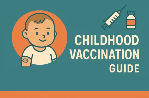 Illustrated childhood vaccination guide showing a smiling baby with a bandage on the arm, syringe and vaccine vial icons, in warm beige and coffee-brown blog style.