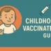 Illustrated childhood vaccination guide showing a smiling baby with a bandage on the arm, syringe and vaccine vial icons, in warm beige and coffee-brown blog style.