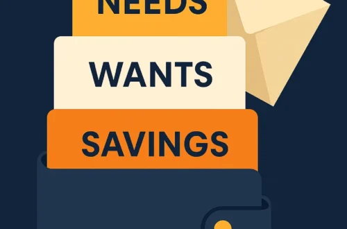 flat style illustration showing budgeting concept for the 50 30 20 rule with salary split into needs wants and savings