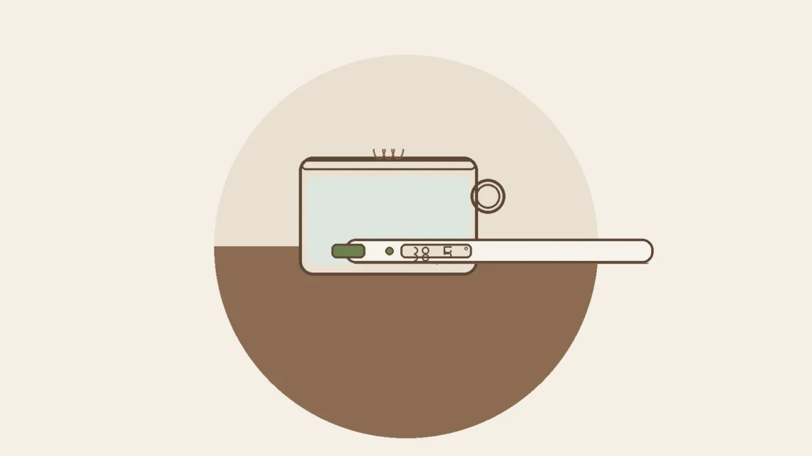 Child thermometer and cup of water — pediatric fever basics illustration