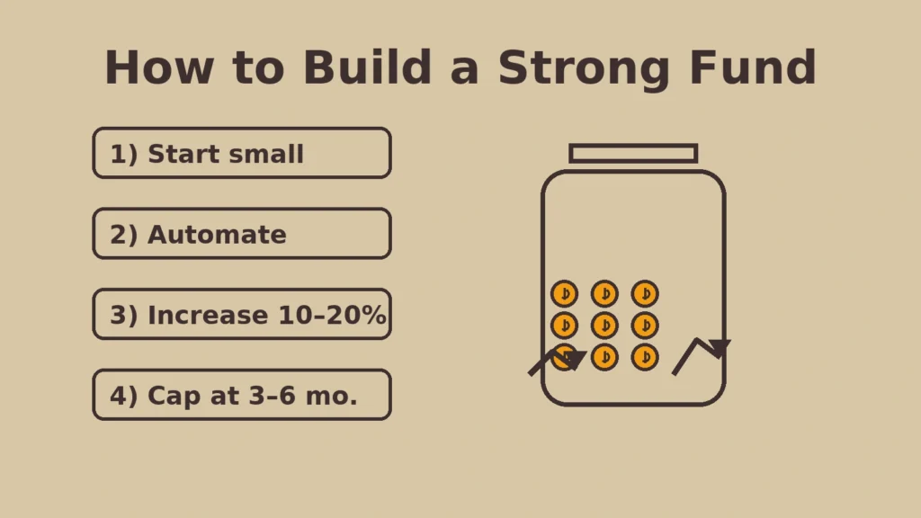 Four steps (start small, automate, increase 10–20%, cap at 3–6 months) beside a coin-filled growth jar with upward arrows.