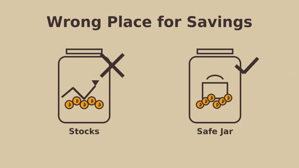 Side-by-side jars: left ‘Stocks’ with zig-zag line and X; right ‘Safe Jar’ with lock and check mark, in blog color palette.